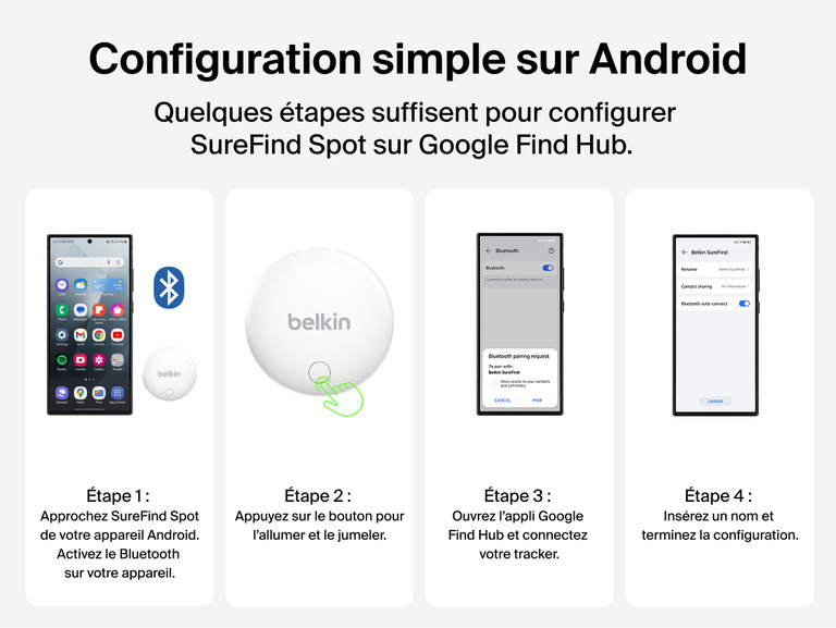 Image des quatre &eacute;tapes de configuration pour jumeler le Belkin&nbsp;SureFind&nbsp;Spot avec un appareil Android et Google&nbsp;Find&nbsp;Hub.