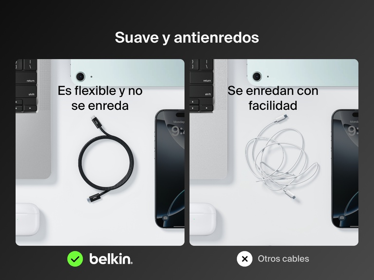 Comparativa uno al lado del otro en la que se muestran el cable Belkin BoostCharge de USB-C a USB-C de 240 W como flexible y antienredos, en comparación con los cables estándar que se enredan con facilidad.