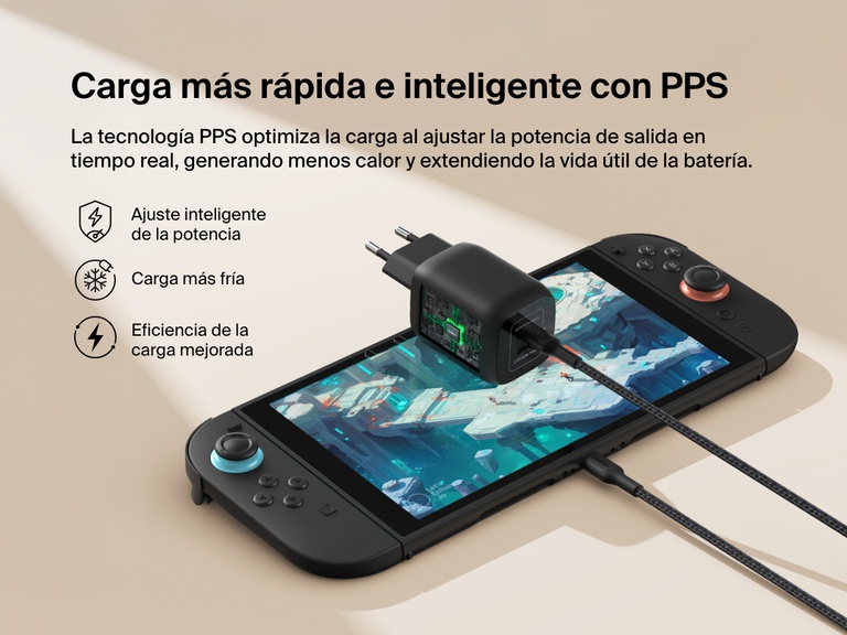 La tecnología GaN incluida en el cargador de pared USB-C doble (65 W) de Belkin Gaming permite un diseño que combina una gran potencia de salida con un tamaño más compacto, hasta 5,2 veces más pequeño que un cargador de pared de 60 W estándar.