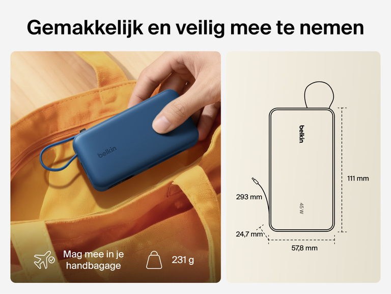 Belkin UltraCharge 10K power bank with integrated USB-C cable and digital display shown as a lightweight, TSA carry-on approved portable charger for everyday travel
