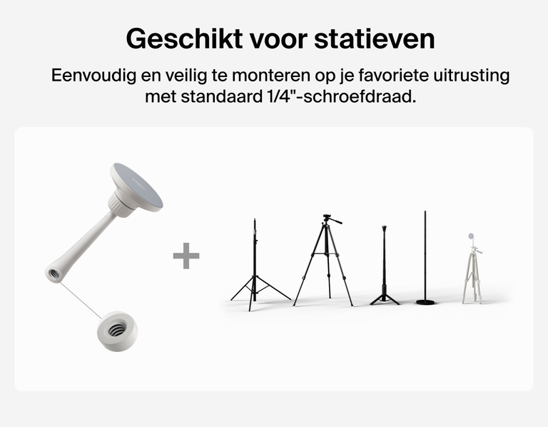Image showing Belkin Stage Creator Kit mount compatible with standard 1/4-inch screw threads for quick, secure attachment to tripods, stands, and other creator gear.
