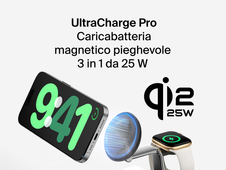 Il dock di ricarica magnetica 3 in 1 con Qi2 da 25 W Belkin UltraCharge Pro permette di ricaricare in modalità wireless iPhone, Apple Watch ed AirPods in modo rapido e nello stesso istante.