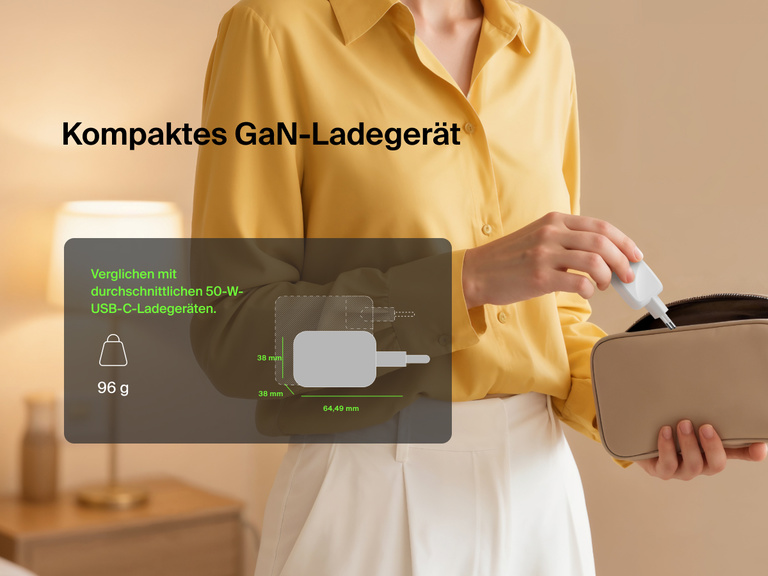 Es wird gezeigt, dass sich das Belkin BoostCharge Pro USB-C-GaN-Ladegerät mit zwei Anschlüssen (50 W) im kompakten Format mit 89 g Gewicht, einklappbaren Kontaktstiften und kleinerer Größe verglichen mit durchschnittlichen 50-W-Ladegeräten leicht in einer Tasche verstauen lässt.