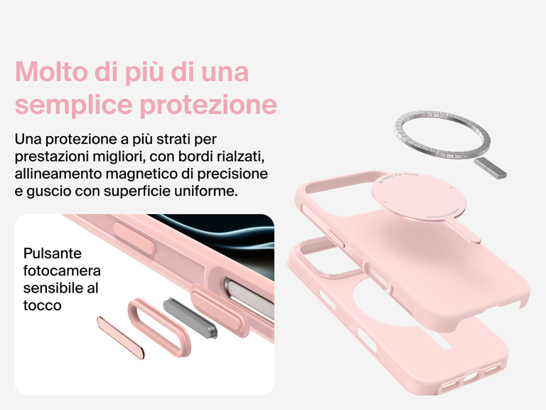 Immagine della custodia Belkin SheerForce Protect Series per iPhone 17 che evidenzia la compatibilit&agrave; con MagSafe e Qi2 per un aggancio magnetico potente a caricabatterie e altri accessori.