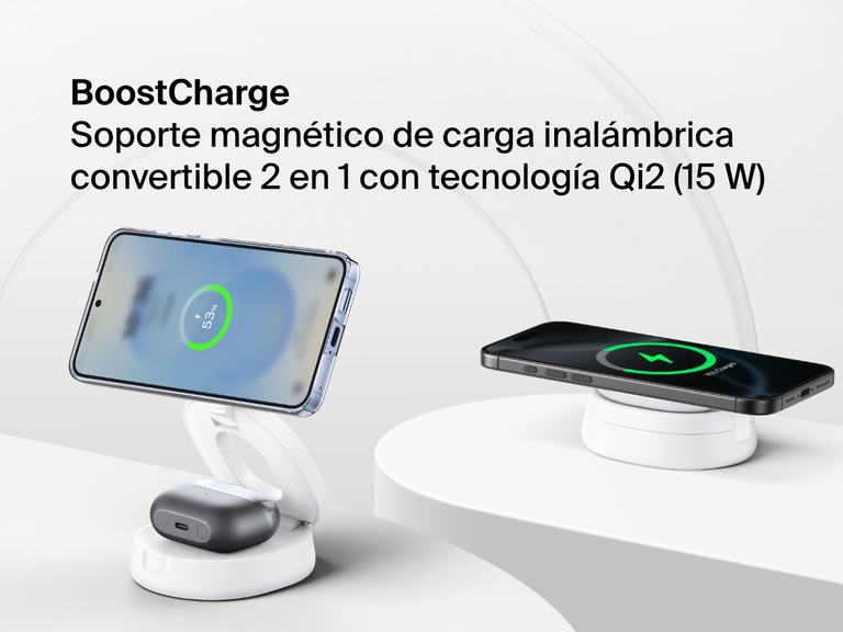 Belkin BoostCharge 2-in-1 Convertible Magnetic Charging Stand with Qi2 15W shown charging a smartphone and wireless earbuds in both upright and flat configurations.