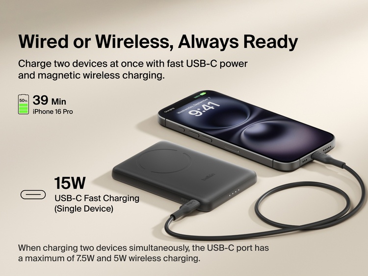 Belkin BoostCharge Slim Magnetic Power Bank 5K shown charging a smartphone via USB-C, highlighting 15W fast charging and dual wired or magnetic wireless power capability.