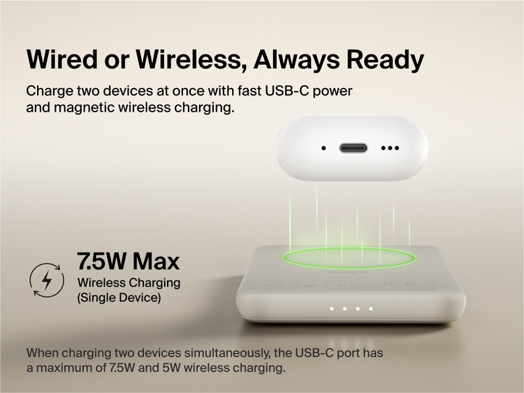 Belkin BoostCharge Slim Magnetic Power Bank 5K shown wirelessly charging earbuds, demonstrating 7.5W max magnetic wireless charging for single-device power.