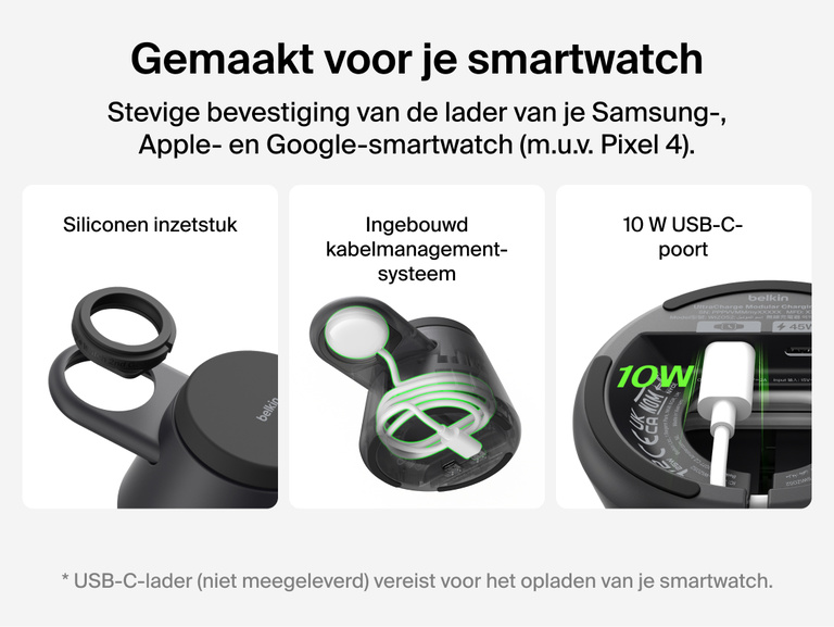 Afbeelding van een UltraCharge modulair laadstation met Qi2 25W waarop de siliconen smartwatch-houder, het ingebouwde kabelmanagementsysteem en een 10 W USB-C-poort voor flexibel opladen met compatibele Apple-, Google- en Samsung-smartwatch-laders benadrukt worden.