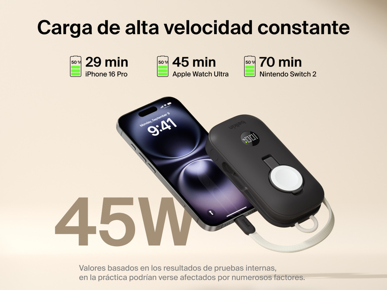 La bater&iacute;a externa de 10 000 mAh con cargador de Apple Watch Belkin BoostCharge Pro proporciona 45 W de carga r&aacute;pida a iPhone 16 Pro, Apple Watch Ultra y Nintendo Switch 2.