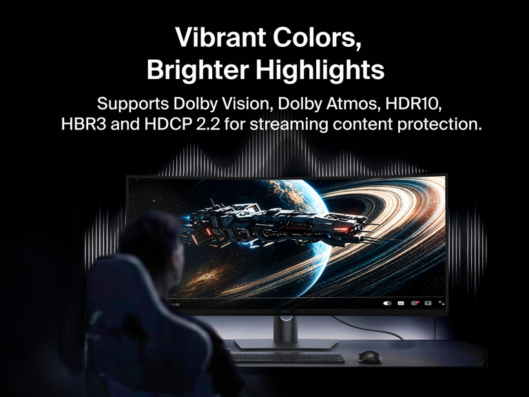 Person viewing a curved monitor connected with the Connect DisplayPort 2.1 Cable, illustrating support for Dolby Vision, Dolby Atmos, HDR10, HBR3, and HDCP 2.2 content protection
