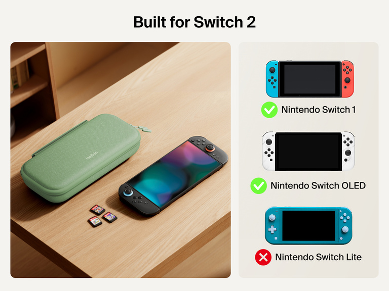 Belkin Gaming Charging Case shown next to Nintendo Switch 2 and game cards, with compatibility clearly marked for Switch 2 only—not compatible with Nintendo Switch 1, OLED, or Lite models.