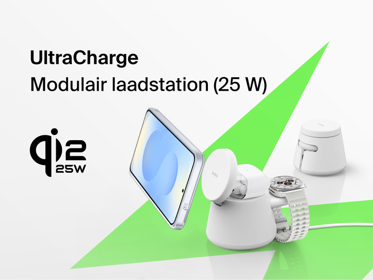 Afbeelding van het Belkin UltraCharge modulaire laadstation met Qi2 25W, een alles-in-&eacute;&eacute;n oplossing voor het snel draadloos opladen van compatibele smartphones, smartwatches en oordopjes.