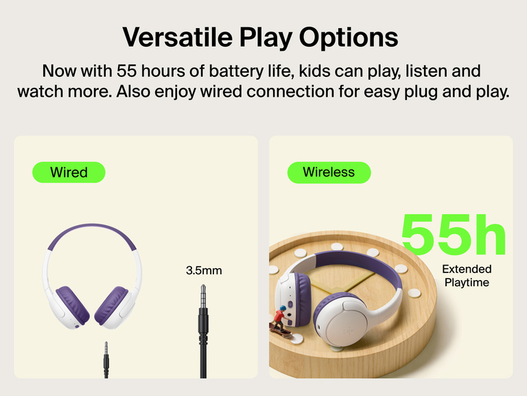 SoundForm Mini 2 Wireless On-Ear Headphones for Kids shown in two connection modes: wired with a 3.5mm audio cable, and wireless on a decorative wooden tray with a toy skateboarder, with 55h Extended Playtime callout