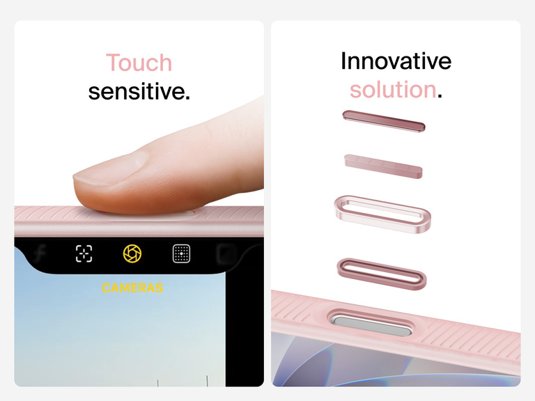 Belkin SheerForce Grip Series Case for iPhone 17 with MagSafe ring, raised edges, and floating tinted buttons for precision protection.