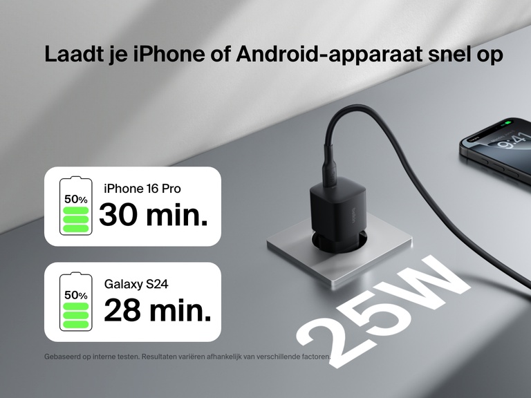 Belkin BoostCharge USB-C Wall Charger 25W delivers fast charging for iPhone 16 Pro and Galaxy S24, powering up to 50% in around 30 minutes.