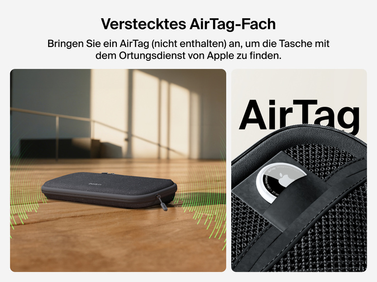 Das versteckte AirTag-Fach des Belkin Gaming Travel Case für die Nintendo Switch 2 wird gezeigt, welches zum Verstauen des AirTags dient, das über die App „Wo ist“ von Apple die Ortung der Tasche ermöglicht (AirTag nicht enthalten).