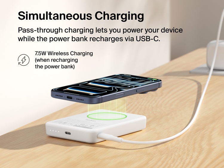 Belkin BoostCharge Slim 磁吸式行動電源 10K 展示了邊充邊用功能，智慧型手機以 7.5W 功率進行無線充電，同時行動電源本身則可透過 USB-C 充電。