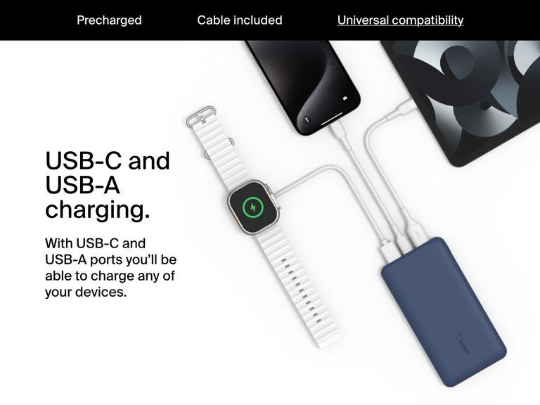 A blue Belkin BoostCharge Power Bank 10K is shown charging multiple devices, including an Apple Watch, an iPhone, and an iPad, using both USB-C and USB-A ports for universal compatibility.