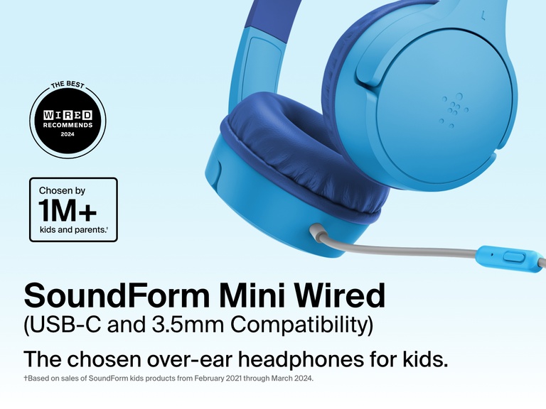 Close-up image of the Belkin SoundForm Mini Wired On-Ear Headphones for Kids, featuring a detachable boom mic and compatibility with USB-C and 3.5mm, promoted as the top choice for over one million kids and parents.