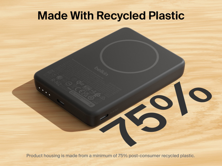 Slim Magnetic Power Bank 10K with Qi2 showing recycled plastic housing with 75% post-consumer materials and wireless charging surface on top
