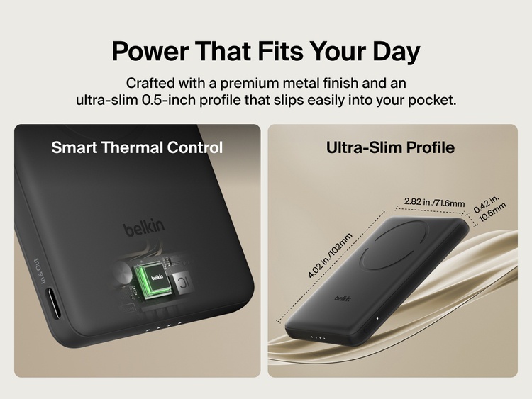 Belkin BoostCharge Slim Magnetic Power Bank 5K shown with smart thermal control and ultra-slim 0.5-inch profile designed for portable, pocket-friendly charging.