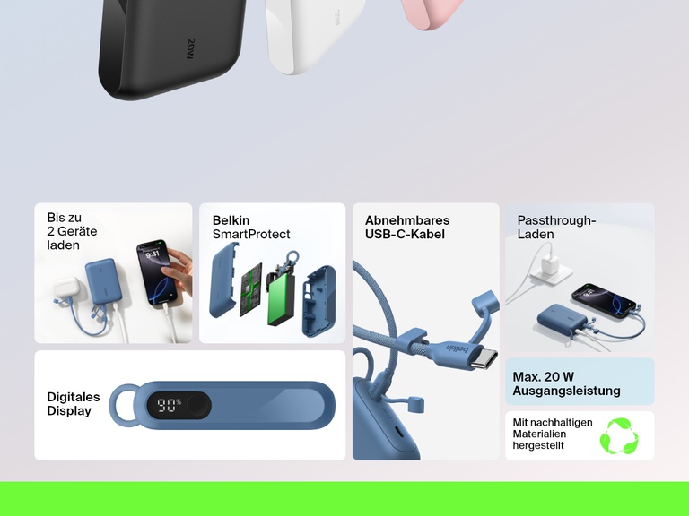 Infografik, die die wichtigsten Funktionen der Belkin BoostCharge Powerbank 10K mit Display zeigt: 20-Watt-Ausgangsleistung, Aufladung von zwei Geräten, digitale Akkustand-Anzeige, abnehmbares USB-C-Kabel, Laden per Passthrough, Belkin SmartProtect und nachhaltige Materialien.