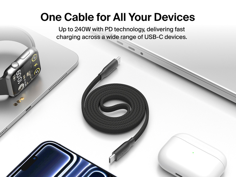 Belkin BoostCharge Pro Magnetic USB-C Cable 240W shown with multiple USB-C devices, providing up to 240W Power Delivery fast charging for phones, laptops, and accessories.