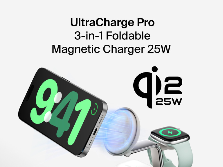 Belkin UltraCharge Pro 3-in-1 Magnetic Charging Dock with Qi2 25W wirelessly charges iPhone, Apple Watch, and AirPods simultaneously with fast-charging support.
