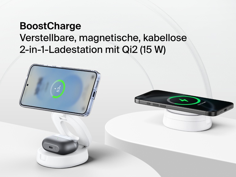 Belkin BoostCharge 2-in-1 Convertible Magnetic Charging Stand with Qi2 15W shown charging a smartphone and wireless earbuds in both upright and flat configurations.
