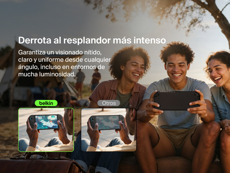 Tres amigos riéndose y disfrutando al aire libre de acampada de sus videojuegos. A la izquierda se muestra una comparativa entre una Nintendo Switch 2 con un protector de pantalla antirreflejo y otra con un protector estándar, haciendo hincapié en el hecho de que la pantalla con el protector de Belkin retiene una calidad visual más clara y nítida que la otra que sufre del reflejo de la luz. El texto de arriba dice «Derrota al resplandor más intenso» y un subtítulo dice: «Garantiza un visionado nítido, claro y uniforme desde cualquier ángulo, incluso en entornos de mucha luminosidad».