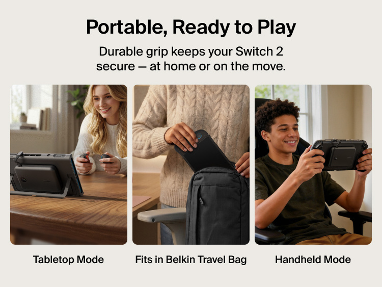 Belkin Gaming Charging Grip for Nintendo Switch 2 supports tabletop and handheld play while fitting securely inside a compatible travel bag.