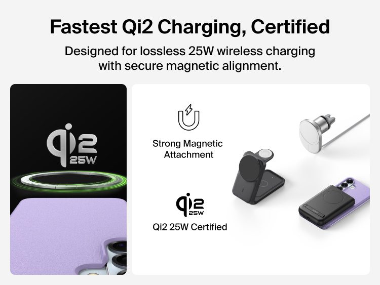 Belkin SheerForce Protect Series Case for Samsung Galaxy S26 supporting Qi2 25W certified wireless charging with strong magnetic alignment for fast, secure power delivery.