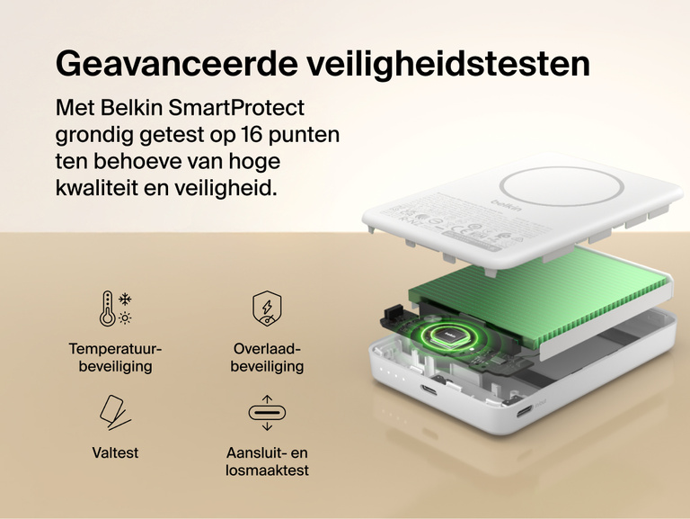 Belkin BoostCharge Slim Magnetic Power Bank 10K internal component view highlighting SmartProtect 16-point safety testing with temperature, overcharge, drop, and plug/unplug protection
