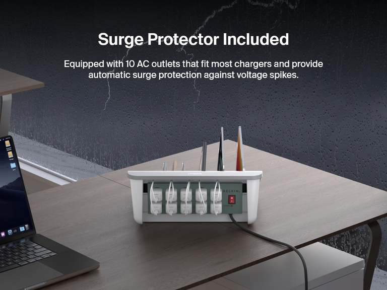 The Belkin Store and Charge Station is shown from the back, featuring 10 AC outlets with plugged-in chargers and built-in surge protection for safe device charging.
