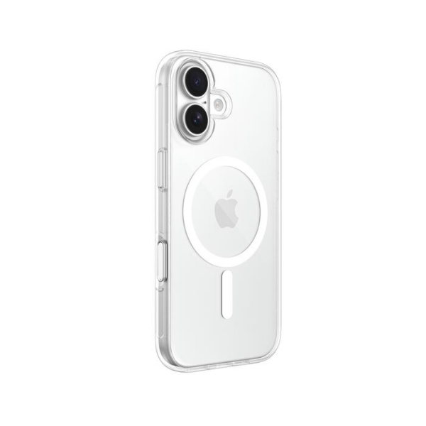 Clear protective phone case with MagSafe compatibility, showing a transparent design that reveals the Apple logo and dual rear camera cutouts.