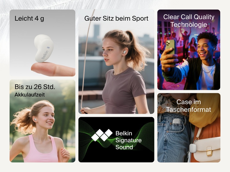 Belkin SoundForm Anywhere Wireless Earbuds shown with lightweight 4g design, up to 26h battery life, clear call quality, pocket-perfect case, and Belkin Signature Sound.