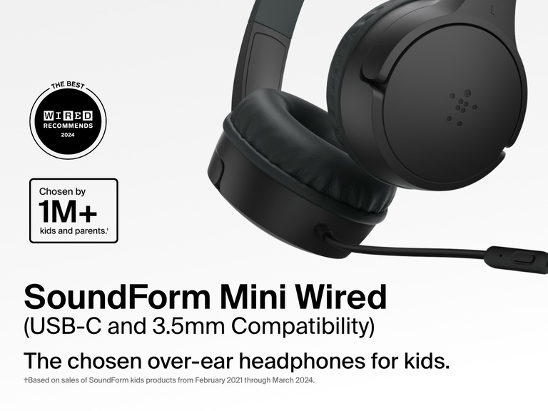 Close-up image of the Belkin SoundForm Mini Wired On-Ear Headphones for Kids, featuring a detachable boom mic and compatibility with USB-C and 3.5mm, promoted as the top choice for over one million kids and parents.