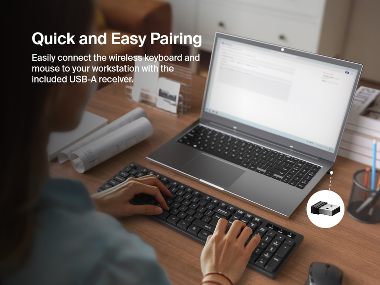 A person uses the Belkin Connect Wireless Keyboard and Mouse Combo at a desk with a laptop, demonstrating quick pairing via the included USB-A receiver.