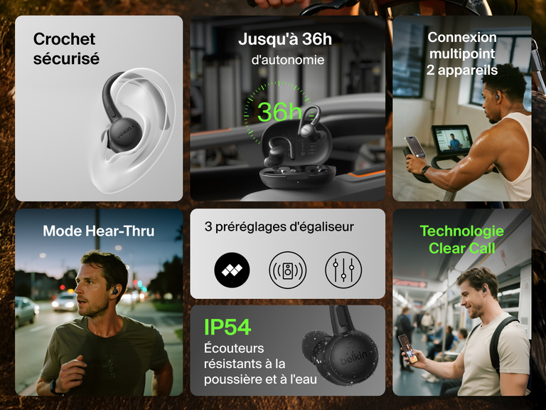 Belkin SoundForm ActiveFit Wireless Earbuds with up to 36h battery life, secure ear hook, IP54 dust and water resistance, Hear-Thru mode, multipoint connection, 3 EQ presets, and clear call quality.