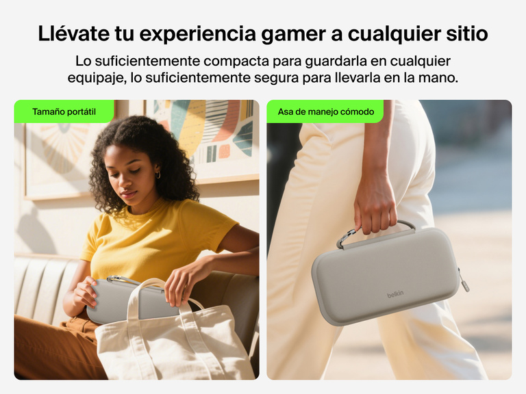 Belkin Gaming Travel Case for Nintendo Switch 2 shown being packed into a tote and carried by its handle, highlighting its portable size and easy-grip convenience for travel.