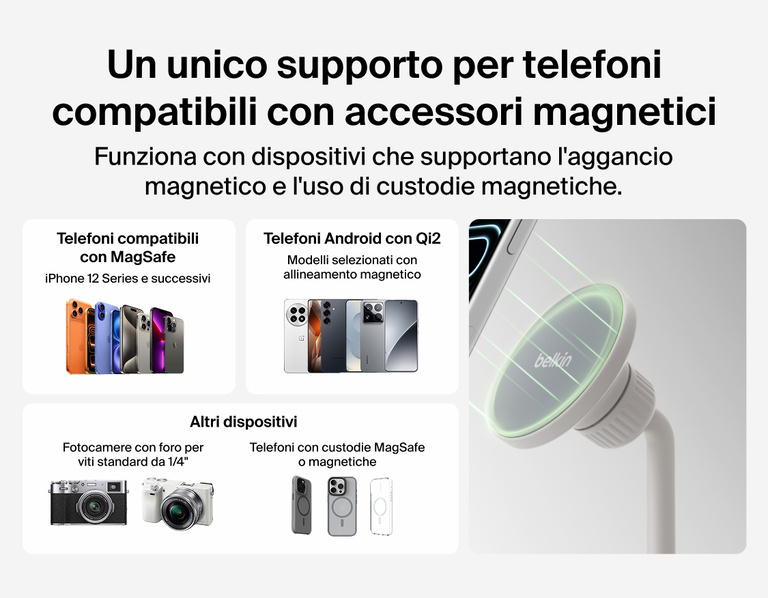 Image showing Belkin Stage Creator Kit magnetic mount compatible with MagSafe iPhones, Qi2 Android phones, and devices with magnetic cases or standard 1/4-inch screw threads for universal use.