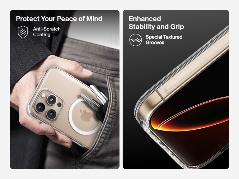 兩張影像顯示 SheerForce™ 磁吸 iPhone 手機保護殼的主要保護效果。左側影像強調防刮塗層，顯示手機保護殼可保護 iPhone 避免被口袋中的鎖匙刮花。右側影像強調穩定度與手感，特殊紋理凹位設計可提升手感，避免滑落。
