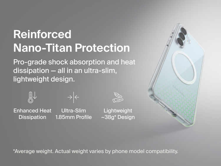 Belkin SheerForce Clear Series Case for Samsung Galaxy S26 shown in close-up, highlighting reinforced Nano-Titan protection with shock absorption, heat dissipation, ultra-slim 1.85 mm profile, and lightweight protective design.