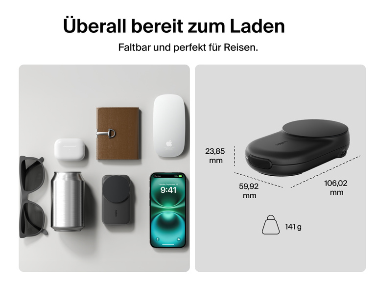 Das kompakte Format mit idealen Abmessungen und leichtem Gewicht von 162 g zum bequemen Laden unterwegs der Belkin UltraCharge faltbaren magnetischen 2-in-1-Ladestation mit Qi2 25W wird gezeigt.