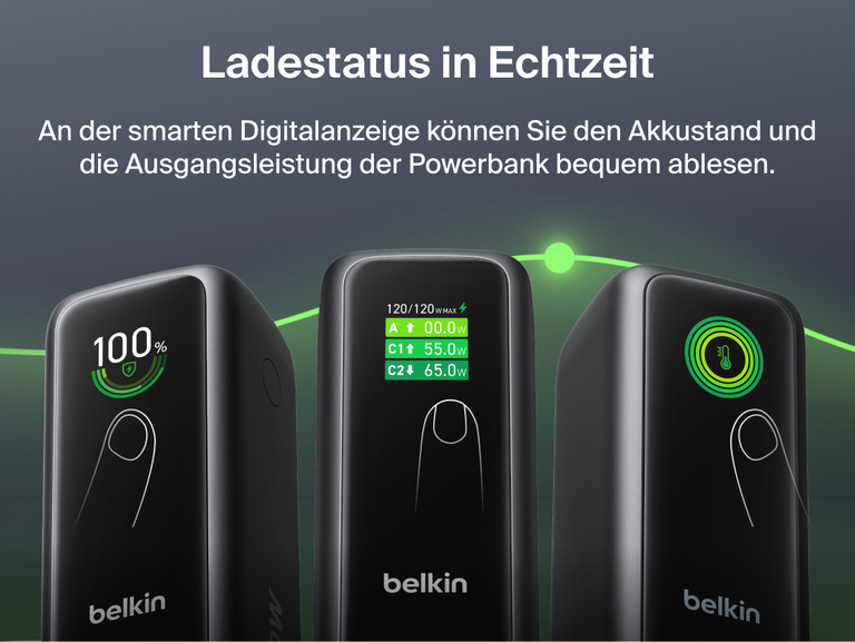 Nahaufnahme der UltraCharge Powerbank 22K mit einziehbarem Kabel, deren intelligentes digitales Display nacheinander den Akkustand in Prozent, die Ausgangsleistung pro Anschluss in Watt und die Temperatur anzeigt