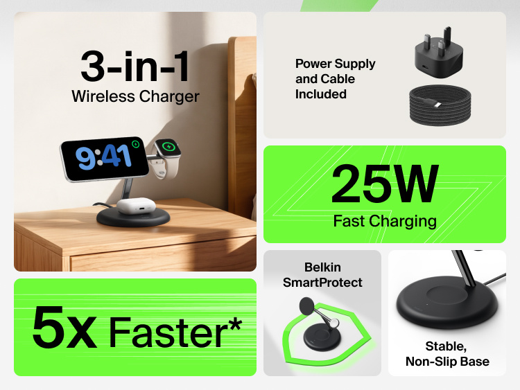 Belkin UltraCharge 3-in-1 Wireless Charging Stand with Qi2 25W showcasing compact design with integrated Apple Watch charger and earbuds dock