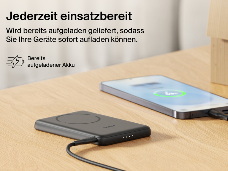 Belkin BoostCharge Slim Magnetic Power Bank 5K with Qi2 shown precharged and ready to deliver fast, portable wired or magnetic wireless charging straight out of the box.