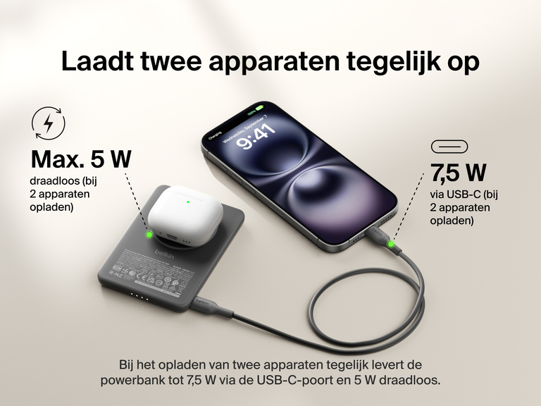 Belkin BoostCharge Slim Magnetic Power Bank 5K shown charging a smartphone and wireless earbuds simultaneously, demonstrating dual charging with 7.5W USB-C and 5W wireless shared power output.