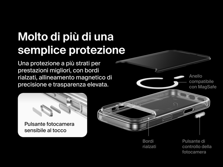 Belkin SheerForce Clear Series Case for iPhone 17 with raised edges, MagSafe-compatible ring, touch-sensitive camera button, and layered clear protection design.