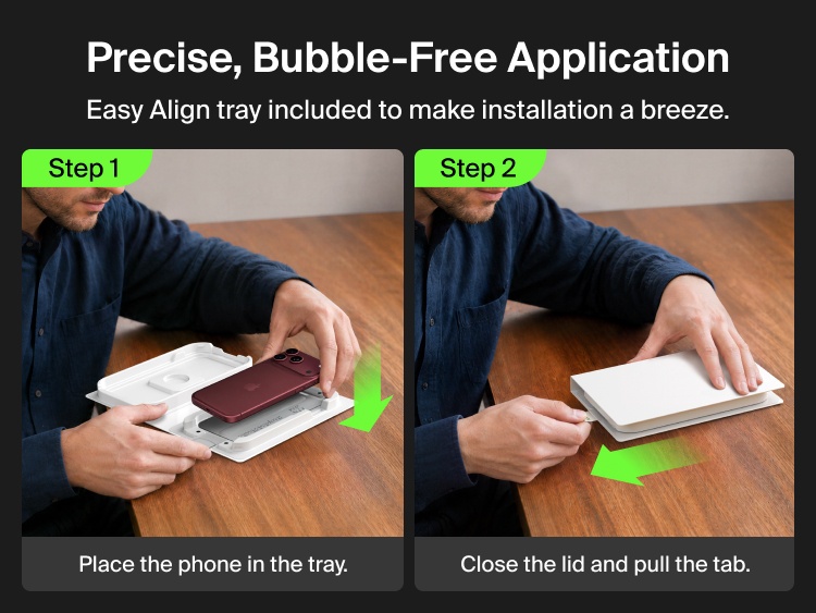 Belkin Titan SmartShield Bright Privacy Screen Protector for iPhone 18 Easy Align tray installation showing how to place the phone in the tray, close the lid and pull the tab for bubble-free application.